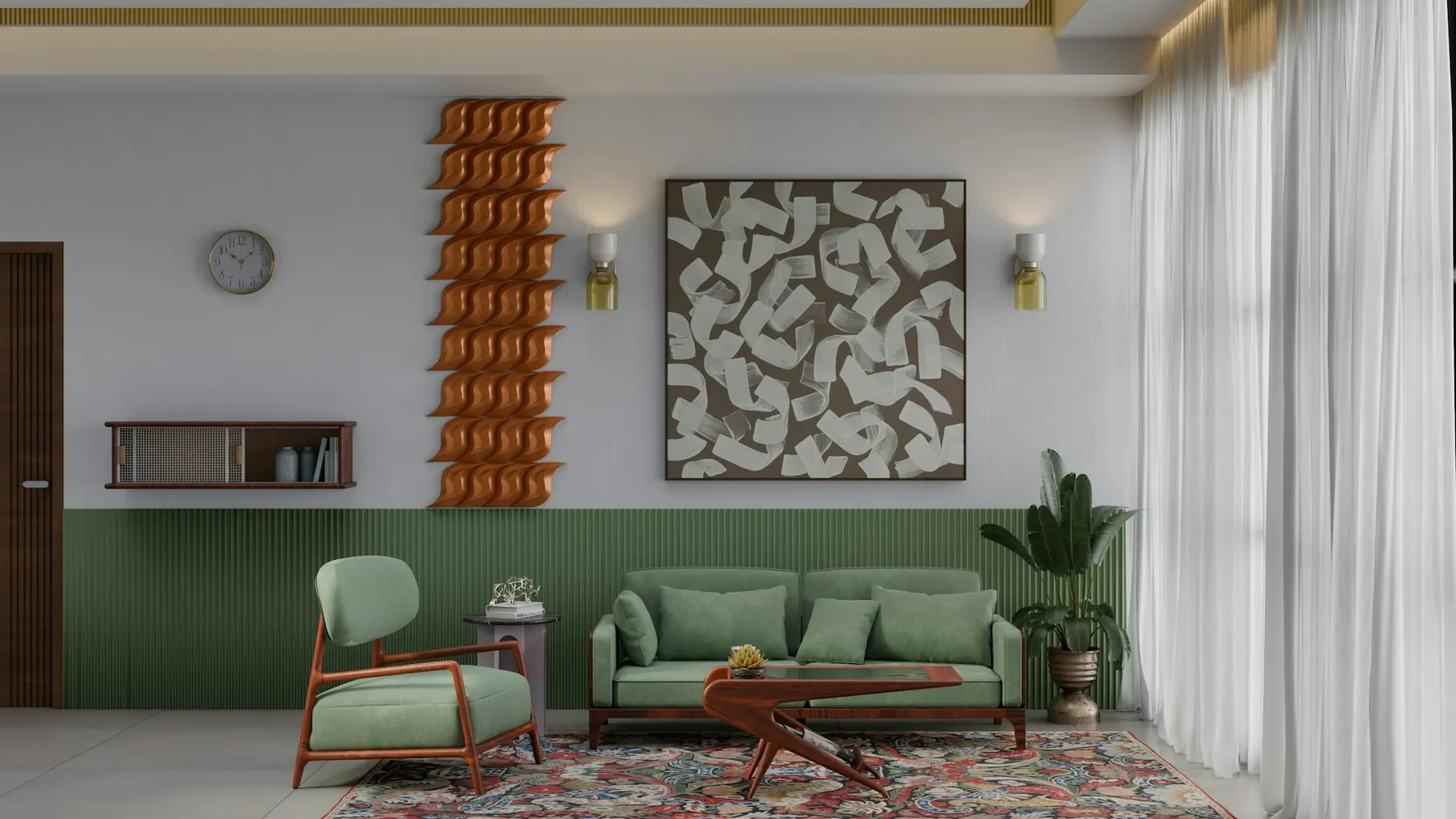 A living room with green panelling, a fitted wall shelf and a green armchair